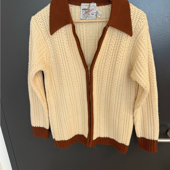 Sun Valley L vintage Cream and Brown Knit Women's Cardigan 100 percent wool EVC - Picture 5 of 12